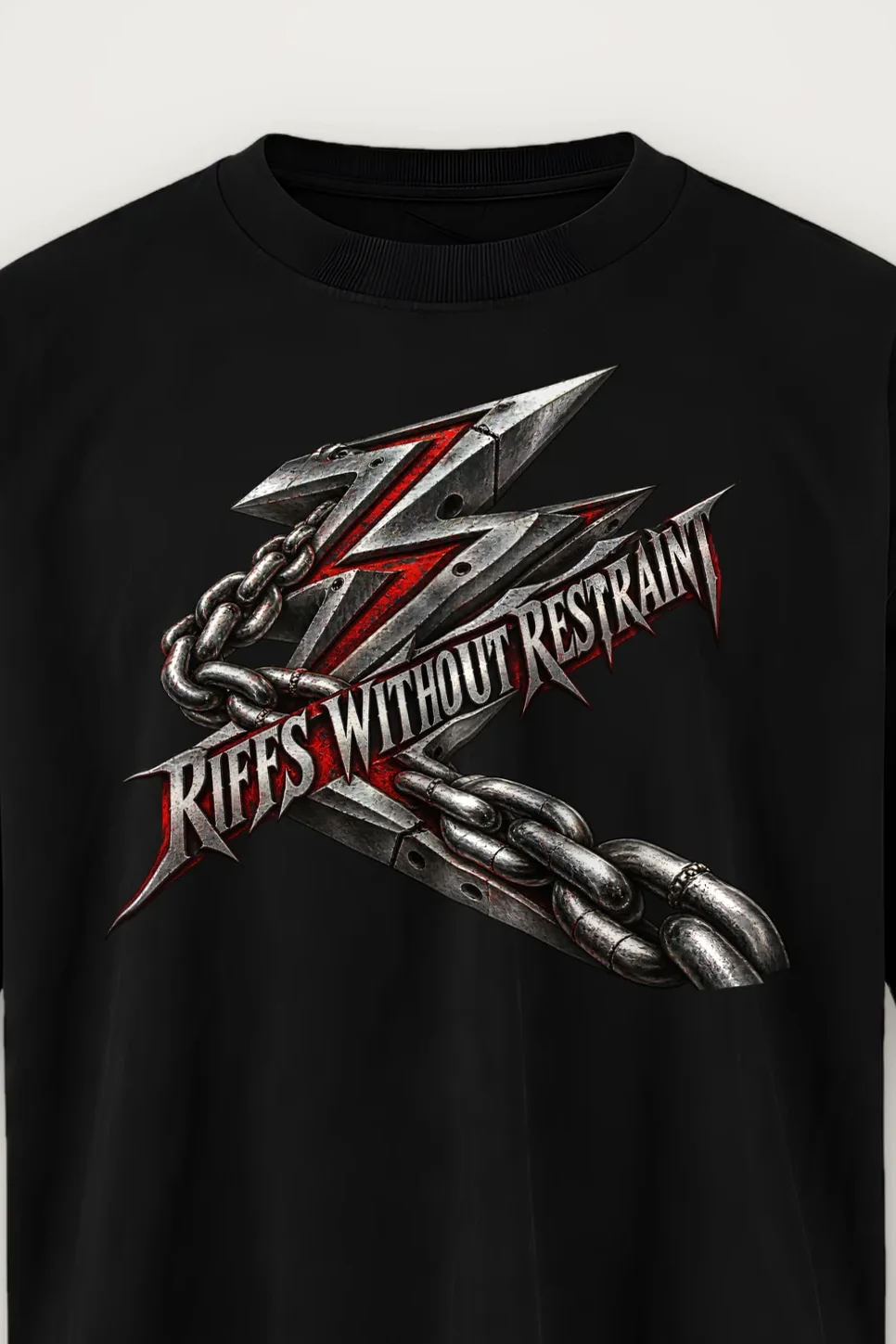 "Riffs Without Restraint" Men’s Oversized Heavyweight Crewneck T-Shirt - the graphic up close