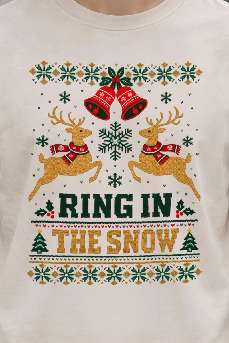 "Ring In The Snow" Heavyweight Unisex Crewneck T-shirt - the graphic up close