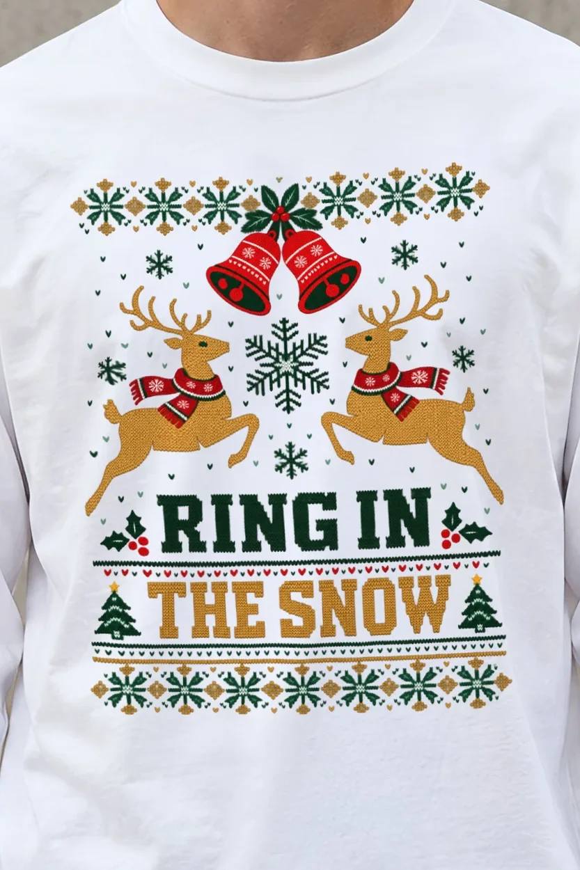 "Ring In The Snow" Unisex Longsleeve T-shirt - the graphic up close