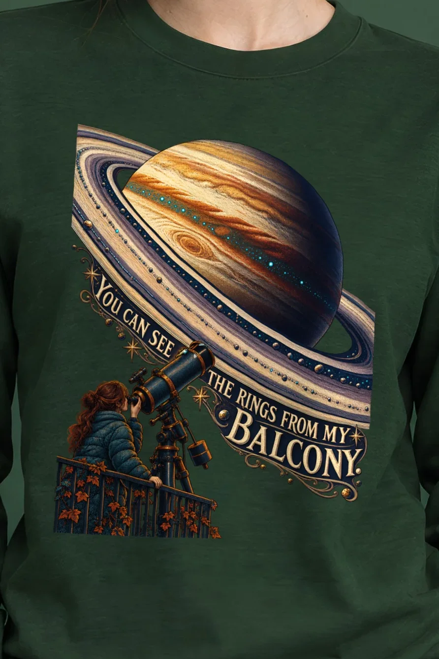 "Ringed Planet Balcony" Unisex Longsleeve T-shirt - the graphic up close