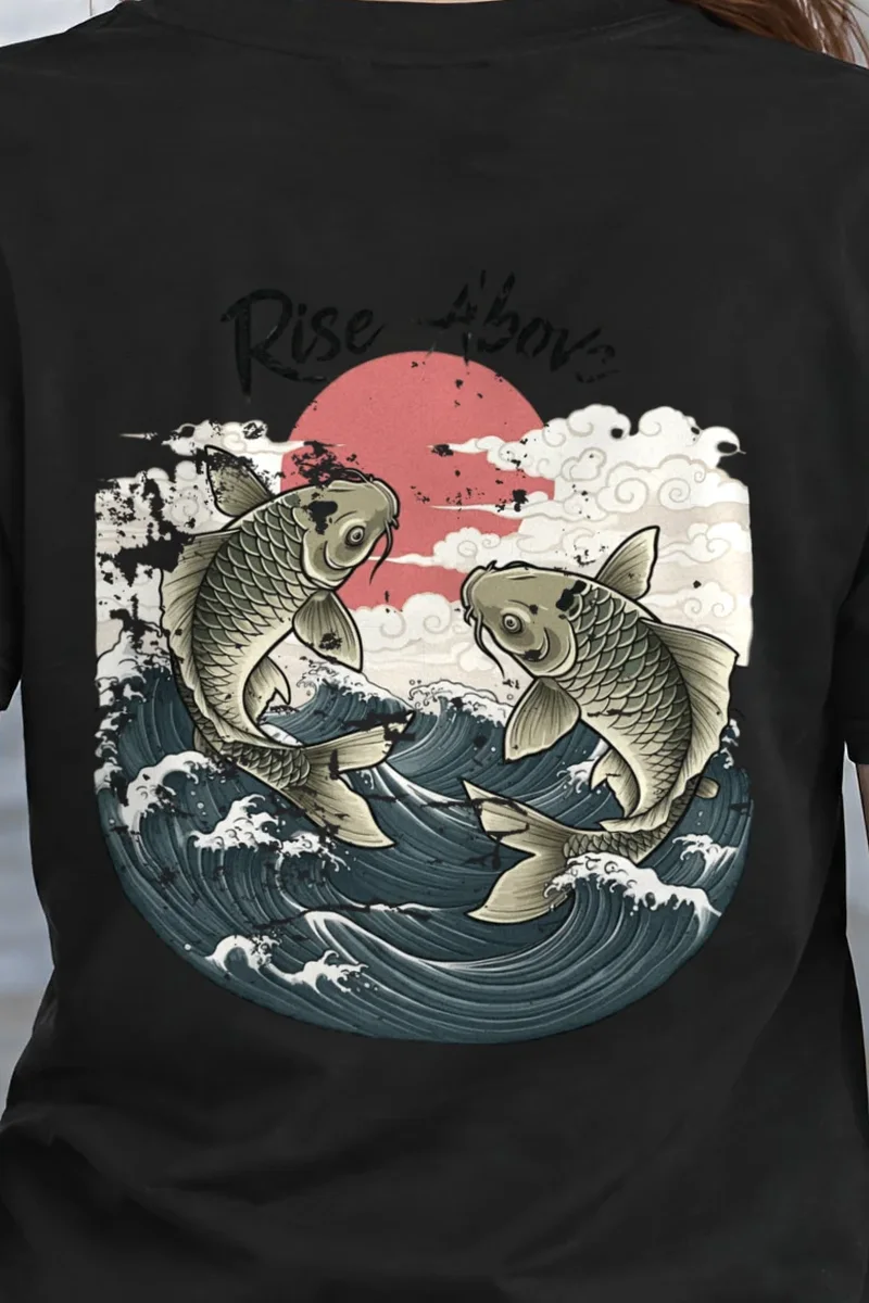 "Rise Above Koi" Heavyweight Unisex Crewneck T-shirt - the graphic up close