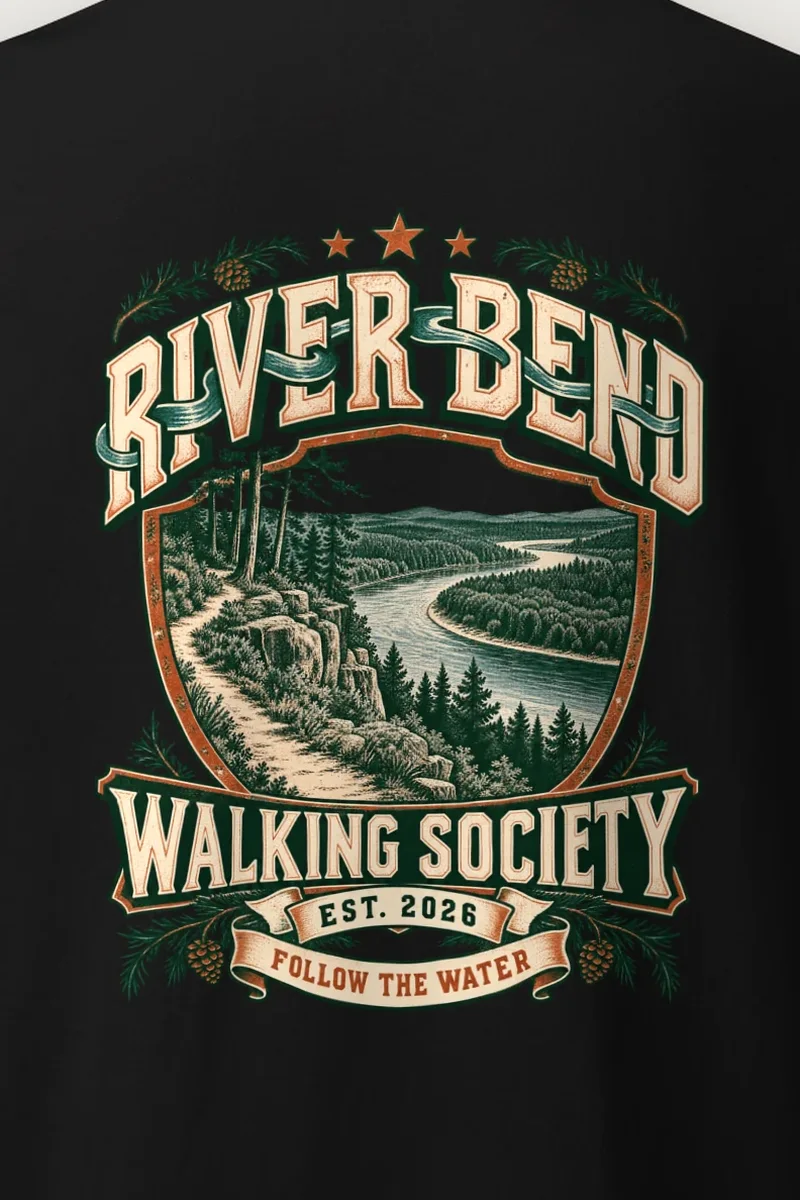 "River Bend Walking Society" Heavyweight Unisex Crewneck T-shirt - the graphic up close