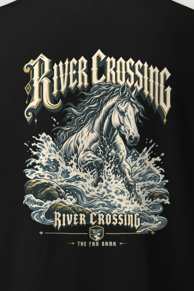 "River Crossing" Heavyweight Unisex Crewneck T-shirt - the graphic up close