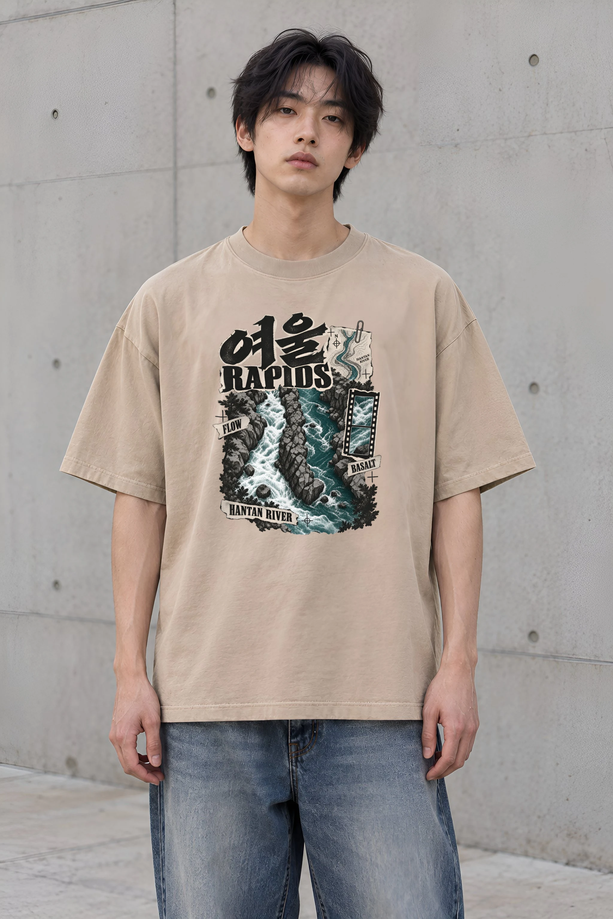 "River Rapids Collage" Men's Oversized Heavyweight Crewneck T-Shirt