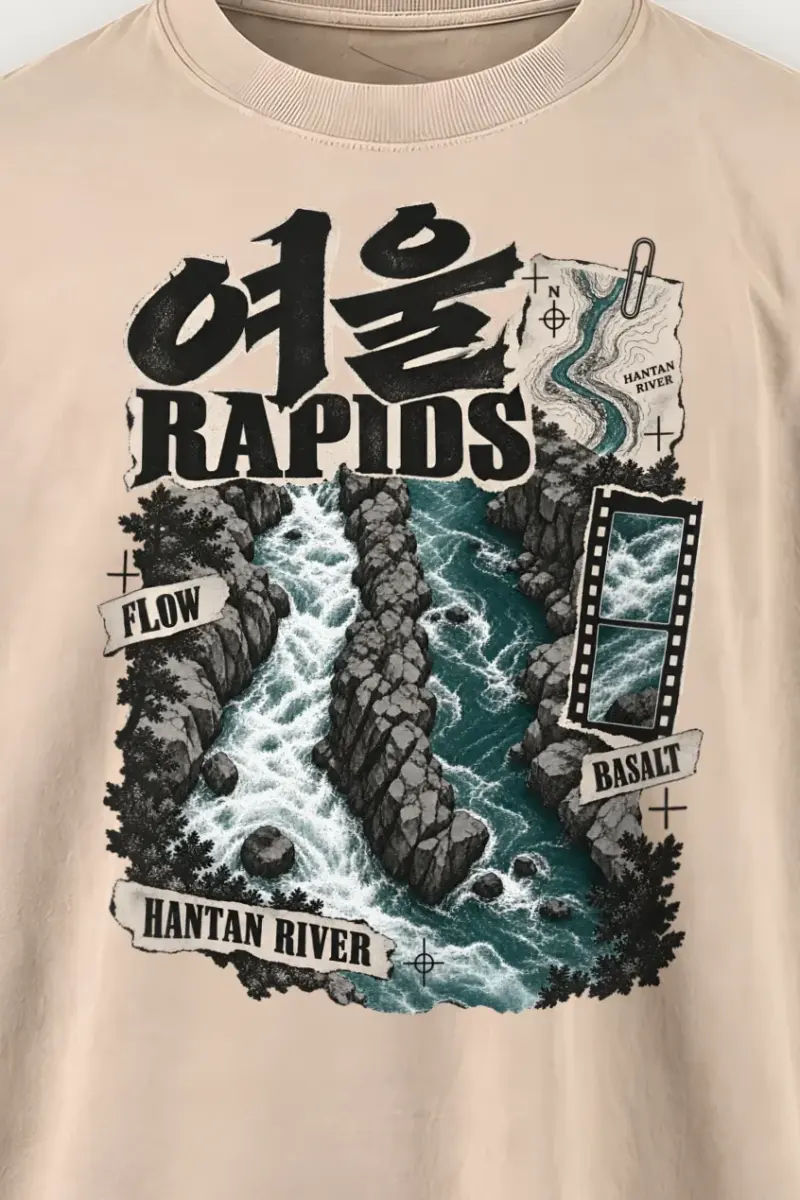 "River Rapids Collage" Men’s Oversized Heavyweight Crewneck T-Shirt - the graphic up close