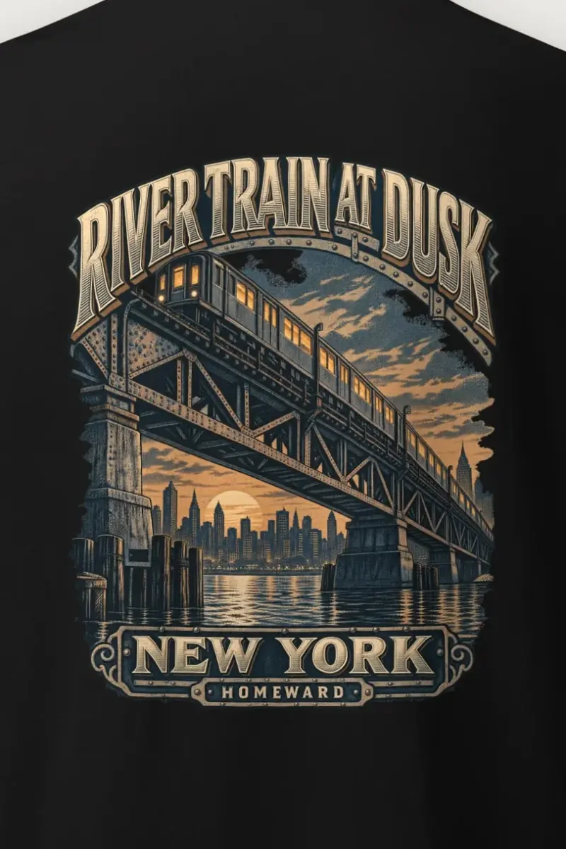 "River Train at Dusk" Heavyweight Unisex Crewneck T-shirt - the graphic up close
