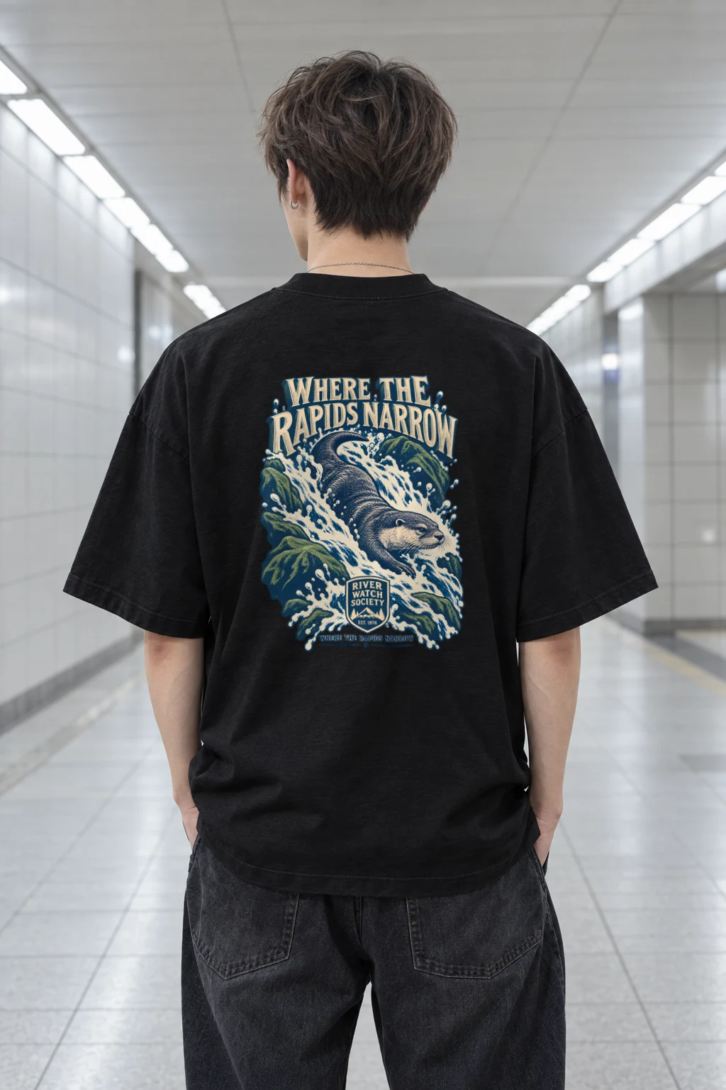"River Watch Society Shield" Men's Oversized Heavyweight Crewneck T-Shirt