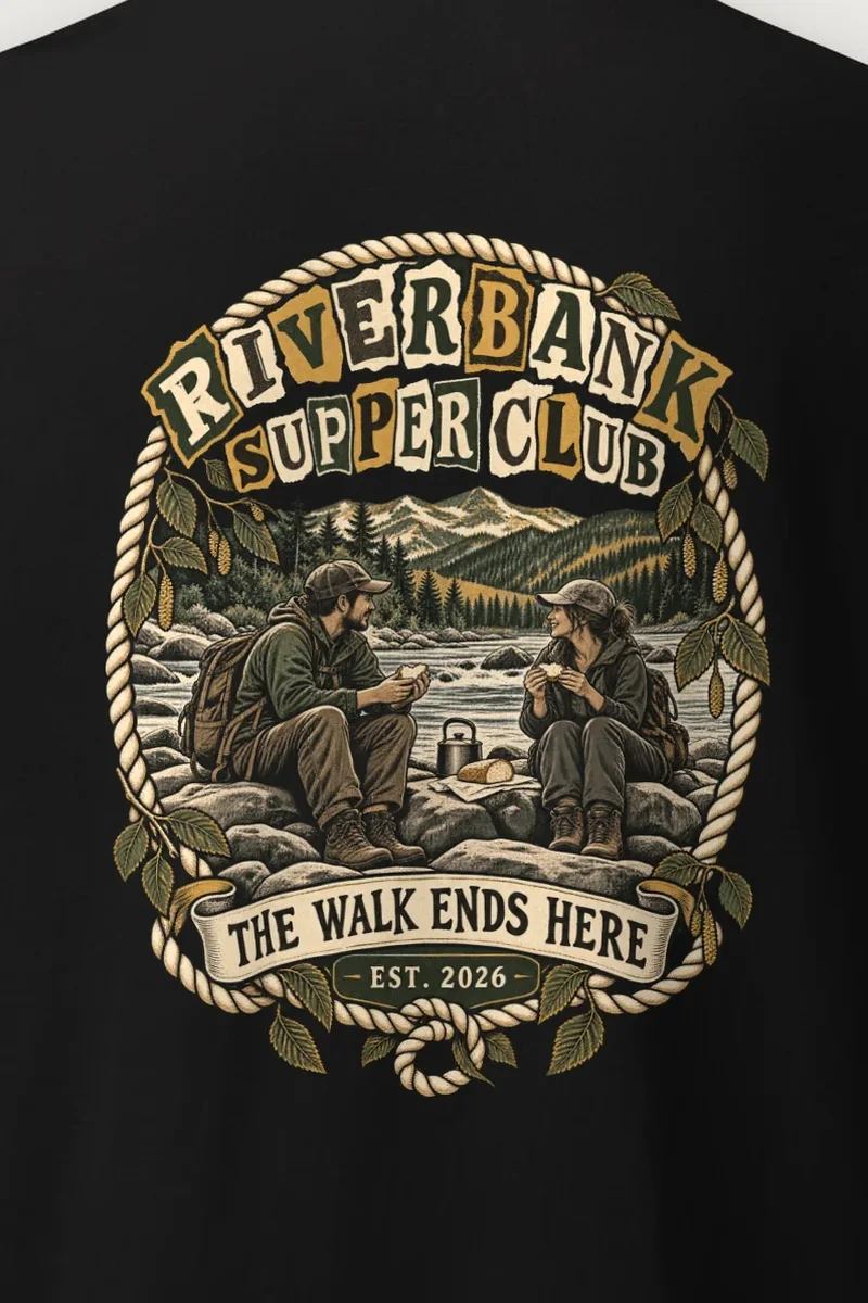 "Riverbank Supper Club" Heavyweight Unisex Crewneck T-shirt - the graphic up close