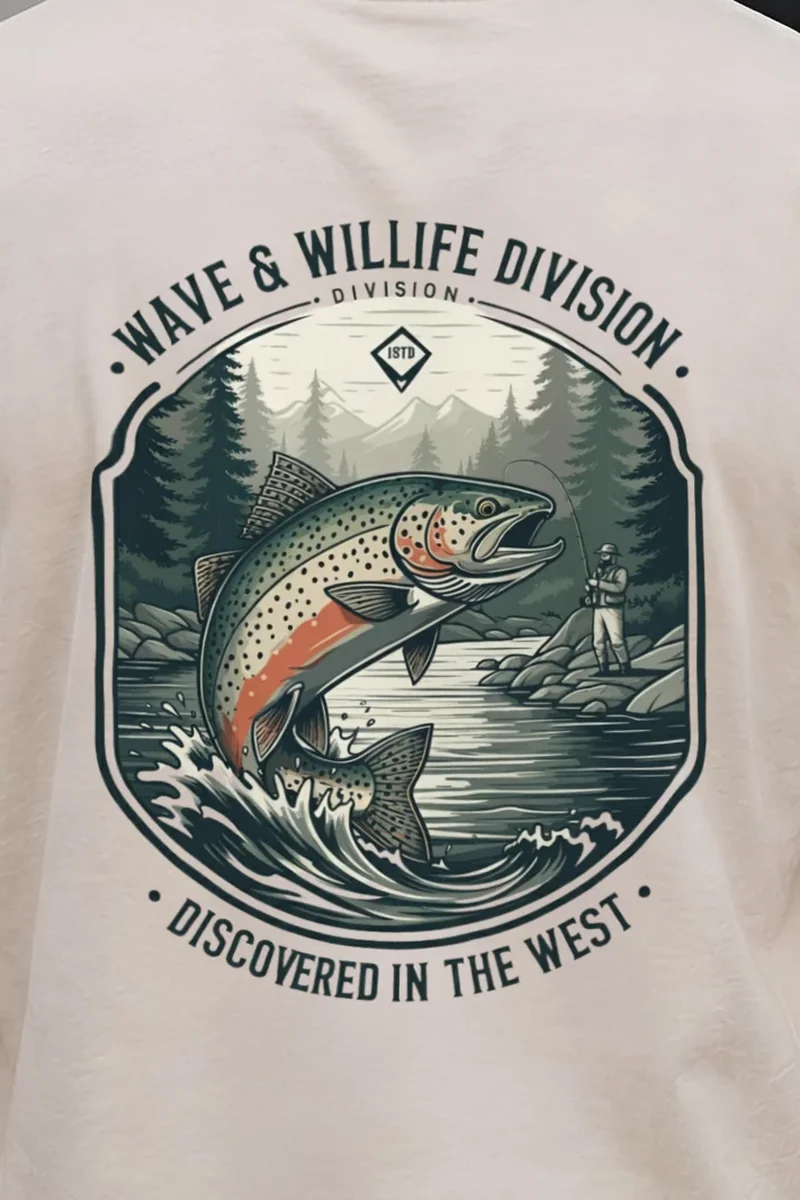 "Riverbound Angler" Heavyweight Unisex Crewneck T-shirt - the graphic up close