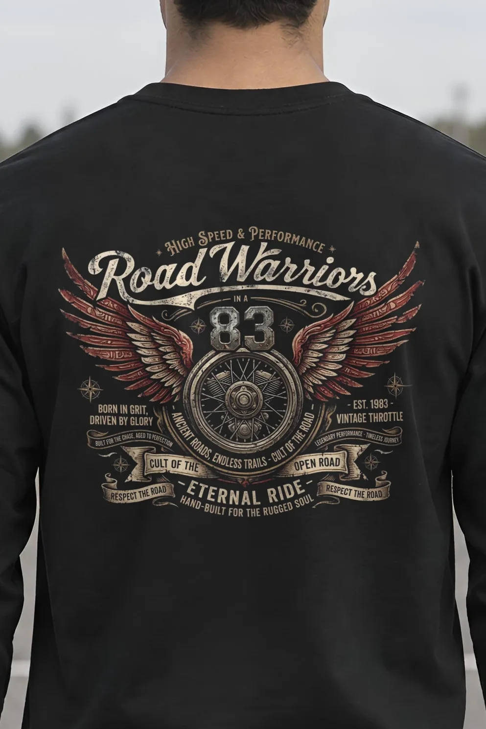 "Road Warriors 83" Unisex Longsleeve T-shirt - the graphic up close