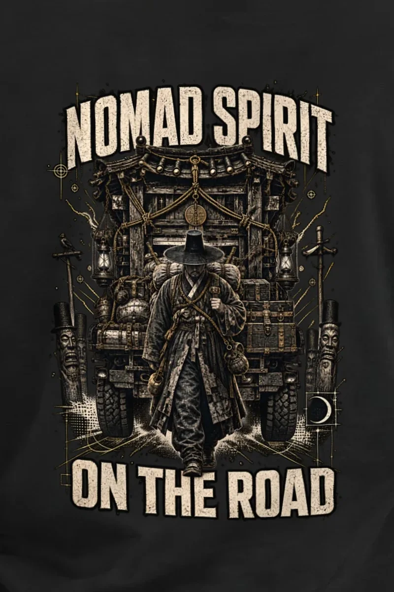"Roadbound Caravan" Heavyweight Unisex Crewneck T-shirt - the graphic up close