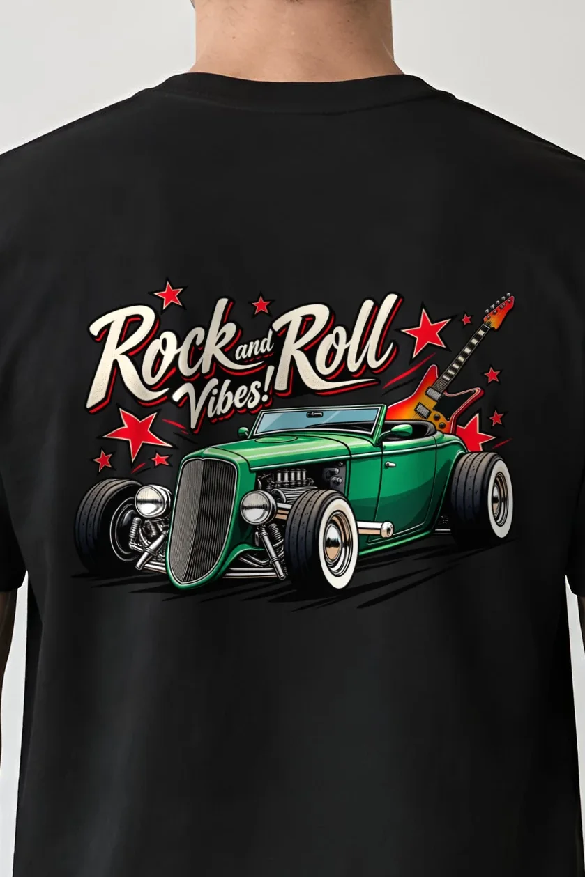 "Rock and Roll Vibes" Heavyweight Unisex Crewneck T-shirt - the graphic up close