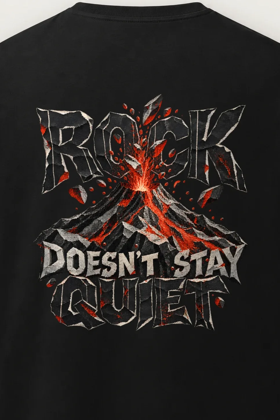 "Rock Doesn’t Stay Quiet" Men’s Oversized Heavyweight Crewneck T-Shirt - the graphic up close