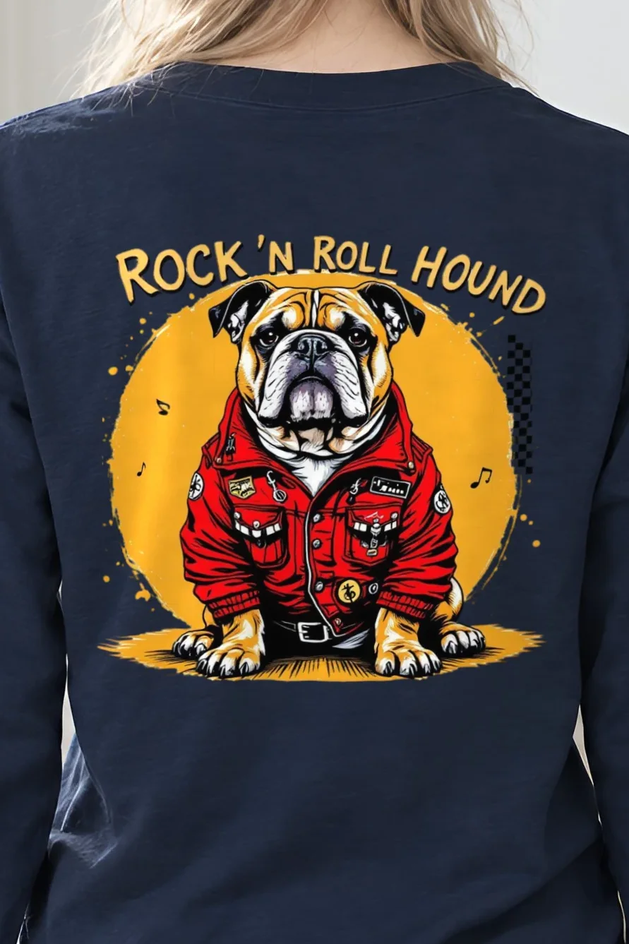 "Rock ’N Roll Hound" Unisex Longsleeve T-shirt - the graphic up close