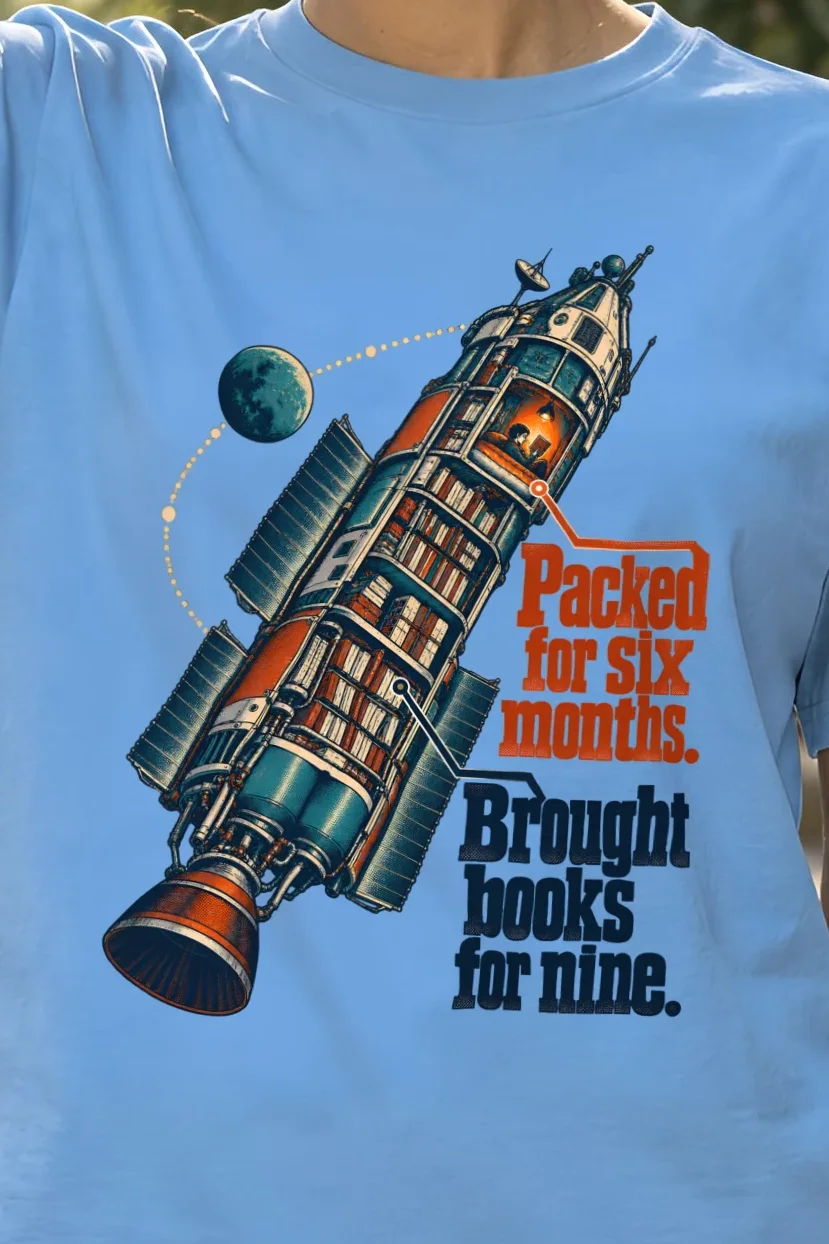 "Rocket Library" Heavyweight Unisex Crewneck T-shirt - the graphic up close