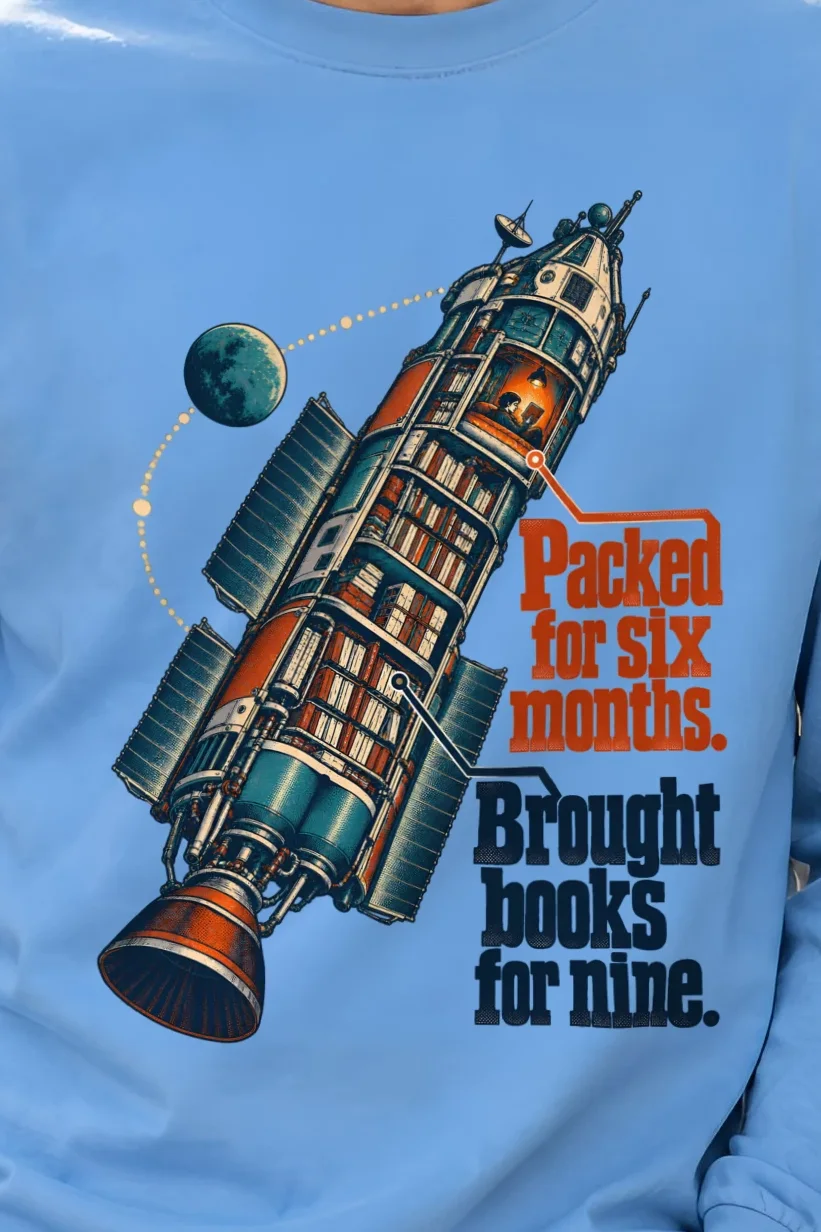 "Rocket Reading Room" Unisex Longsleeve T-shirt - the graphic up close