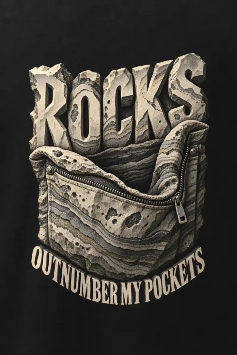 "Rocks Outnumber My Pockets" Men’s Oversized Heavyweight Crewneck T-Shirt - the graphic up close