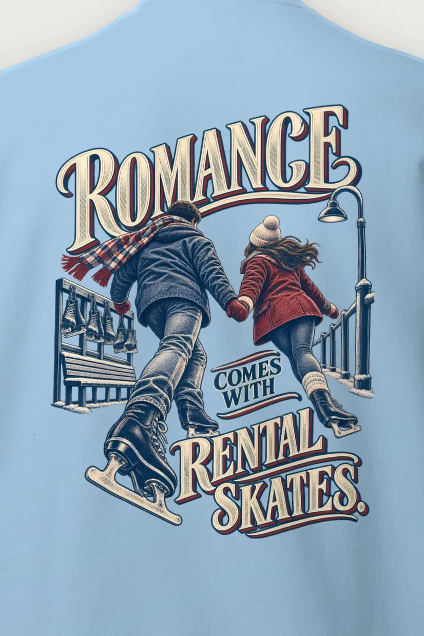 "Romance Comes With Rental Skates" Heavy Blend Unisex Crewneck Sweatshirt - the graphic up close