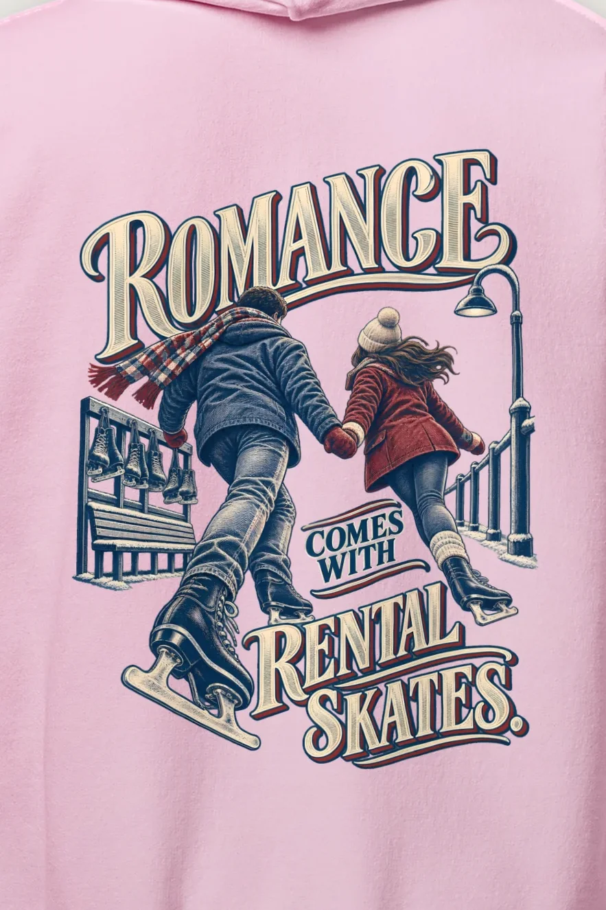 "Romance Comes With Rental Skates" Heavy Blend Unisex Pullover Hoodie - the graphic up close