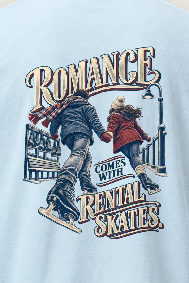 "Romance Comes With Rental Skates" Heavyweight Unisex Crewneck T-shirt - the graphic up close