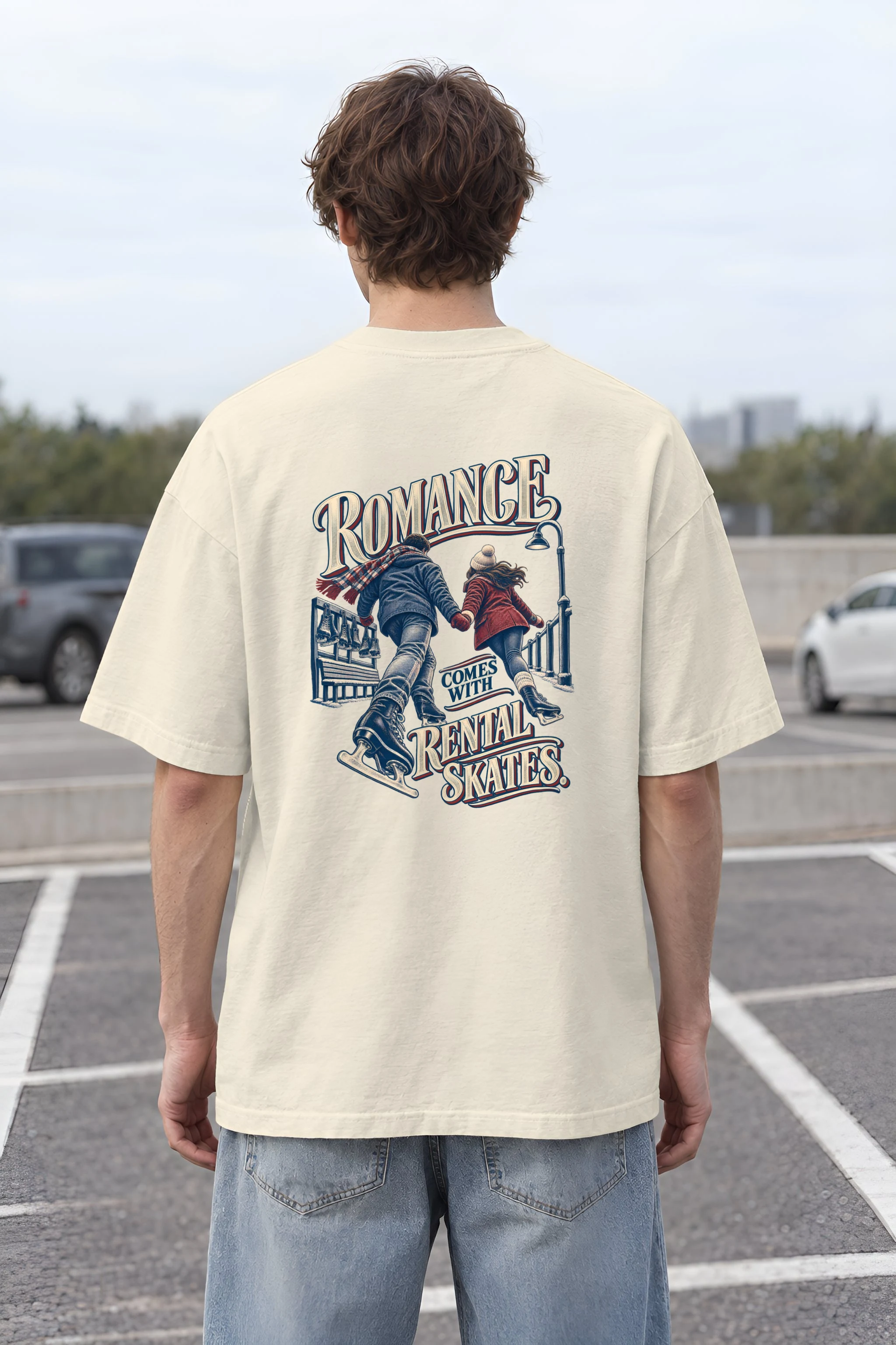 "Romance Comes With Rental Skates" Men's Oversized Heavyweight Crewneck T-Shirt