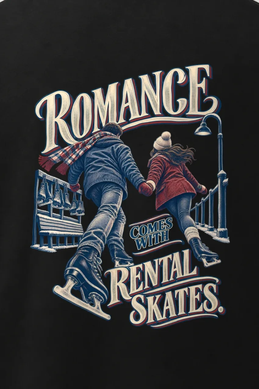 "Romance Comes With Rental Skates" Men’s Oversized Heavyweight Crewneck T-Shirt - the graphic up close