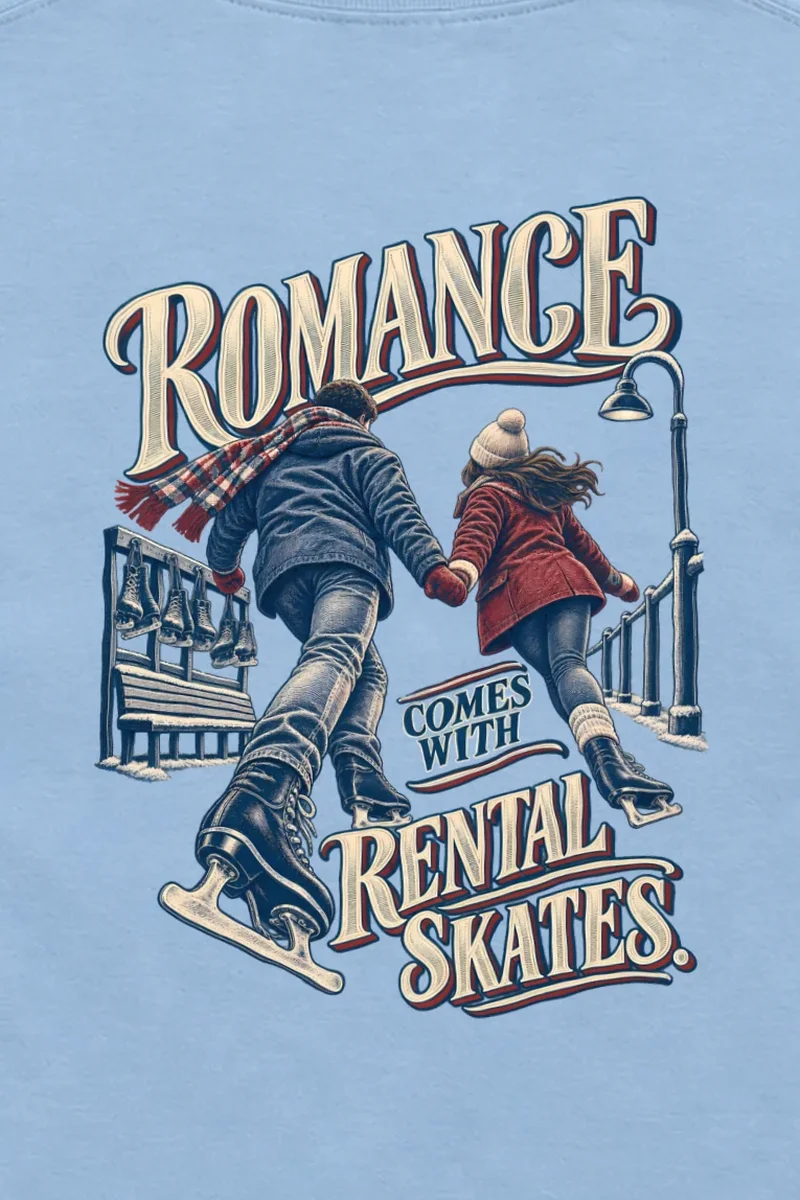 "Romance Comes With Rental Skates" Unisex Longsleeve T-shirt - the graphic up close