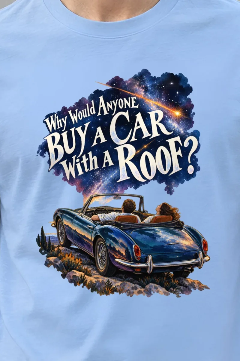 "Roofless Roadster Under Stars" Heavyweight Unisex Crewneck T-shirt - the graphic up close