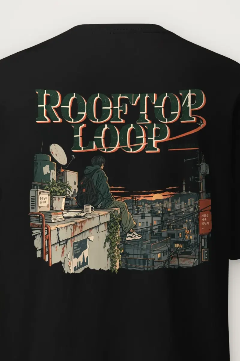 "Rooftop Loop" Heavyweight Unisex Crewneck T-shirt - the graphic up close