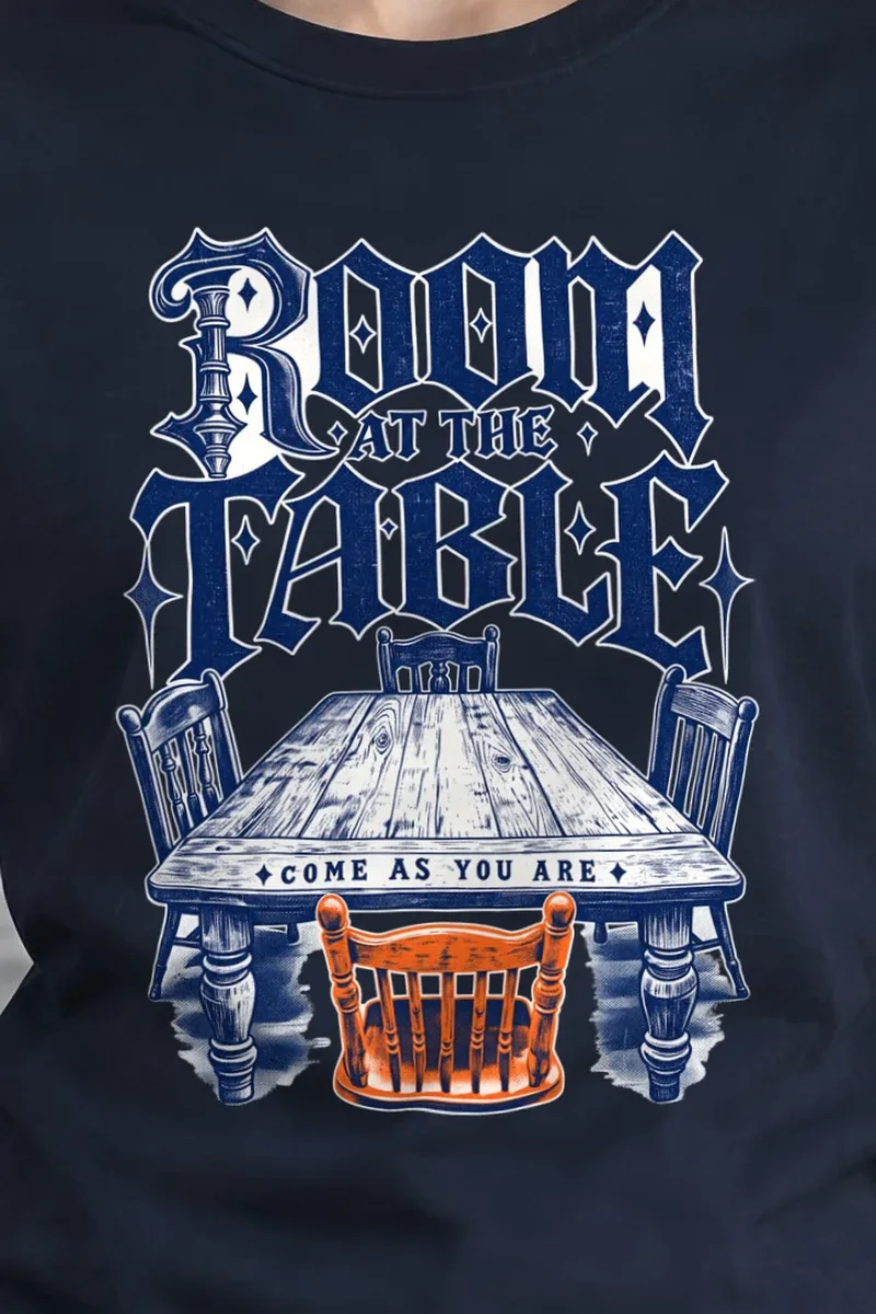 "Room at the Table" Heavyweight Unisex Crewneck T-shirt - the graphic up close