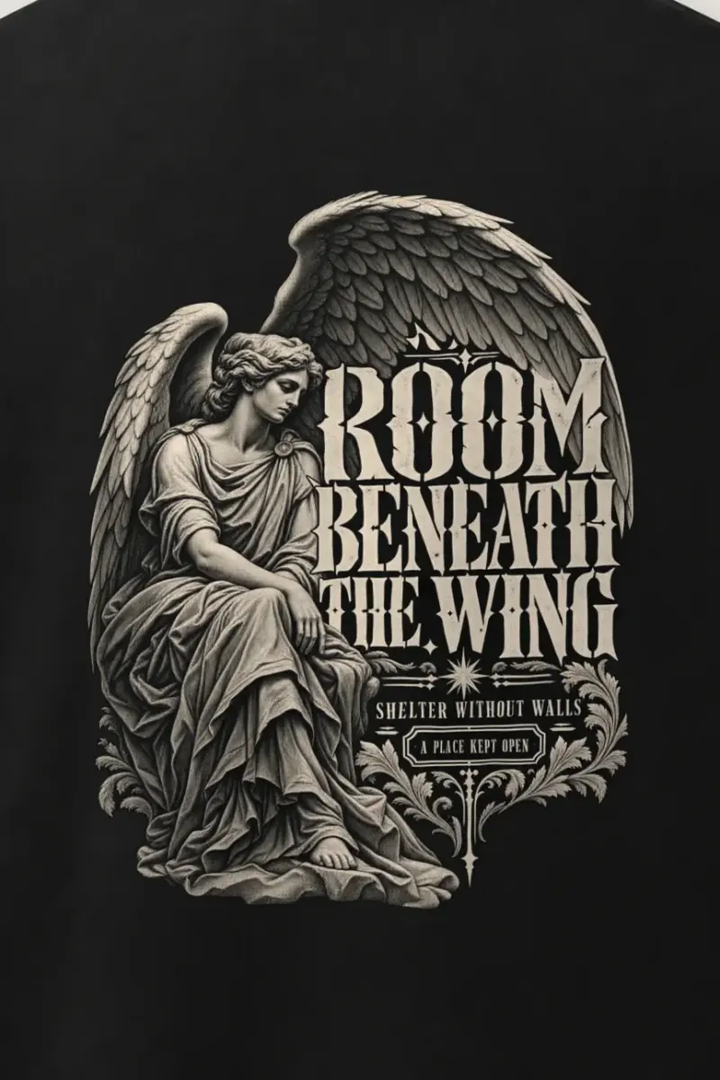 "Room Beneath the Wing" Men’s Oversized Heavyweight Crewneck T-Shirt - the graphic up close