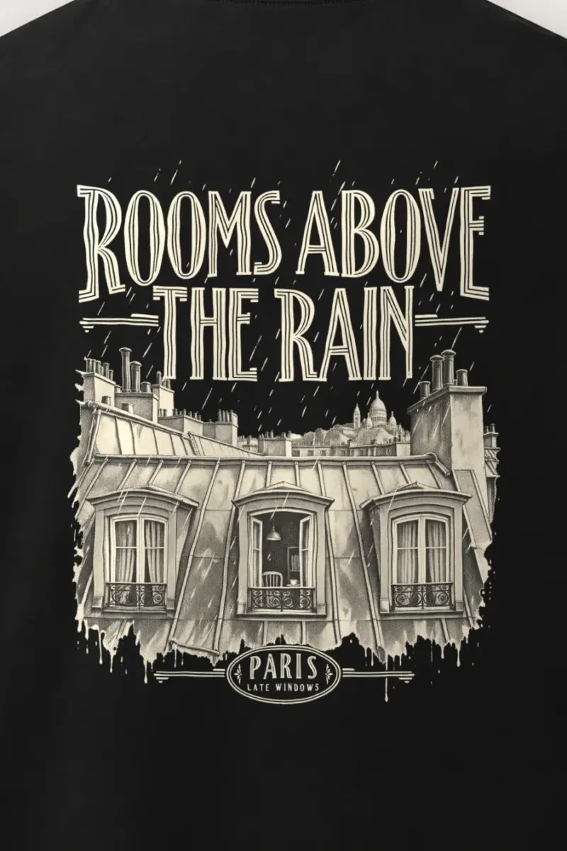"Rooms Above The Rain" Men’s Oversized Heavyweight Crewneck T-Shirt - the graphic up close