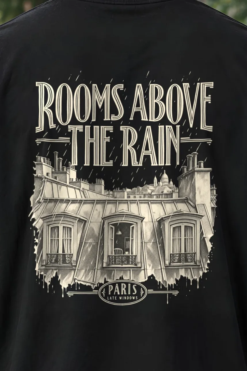 "Rooms Above The Rain" Men’s Oversized Heavyweight Crewneck T-Shirt - the graphic up close