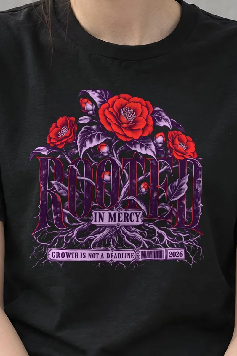 "Rooted in Mercy" Heavyweight Unisex Crewneck T-shirt - the graphic up close