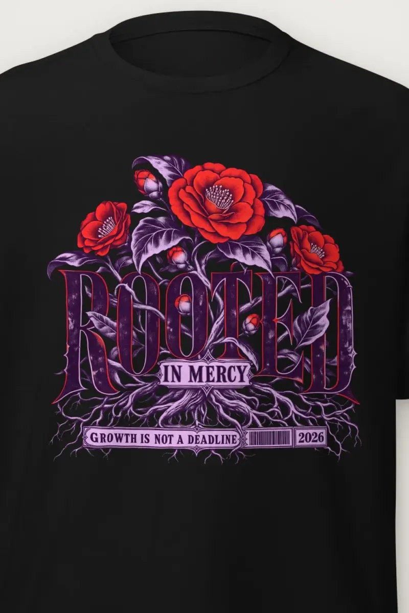 "Rooted in Mercy" Heavyweight Unisex Crewneck T-shirt - the graphic up close