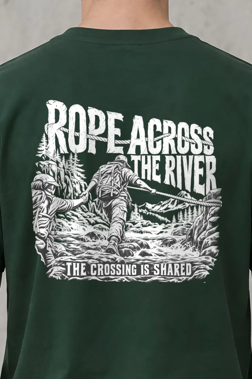 "Rope Across The River" Heavyweight Unisex Crewneck T-shirt - the graphic up close