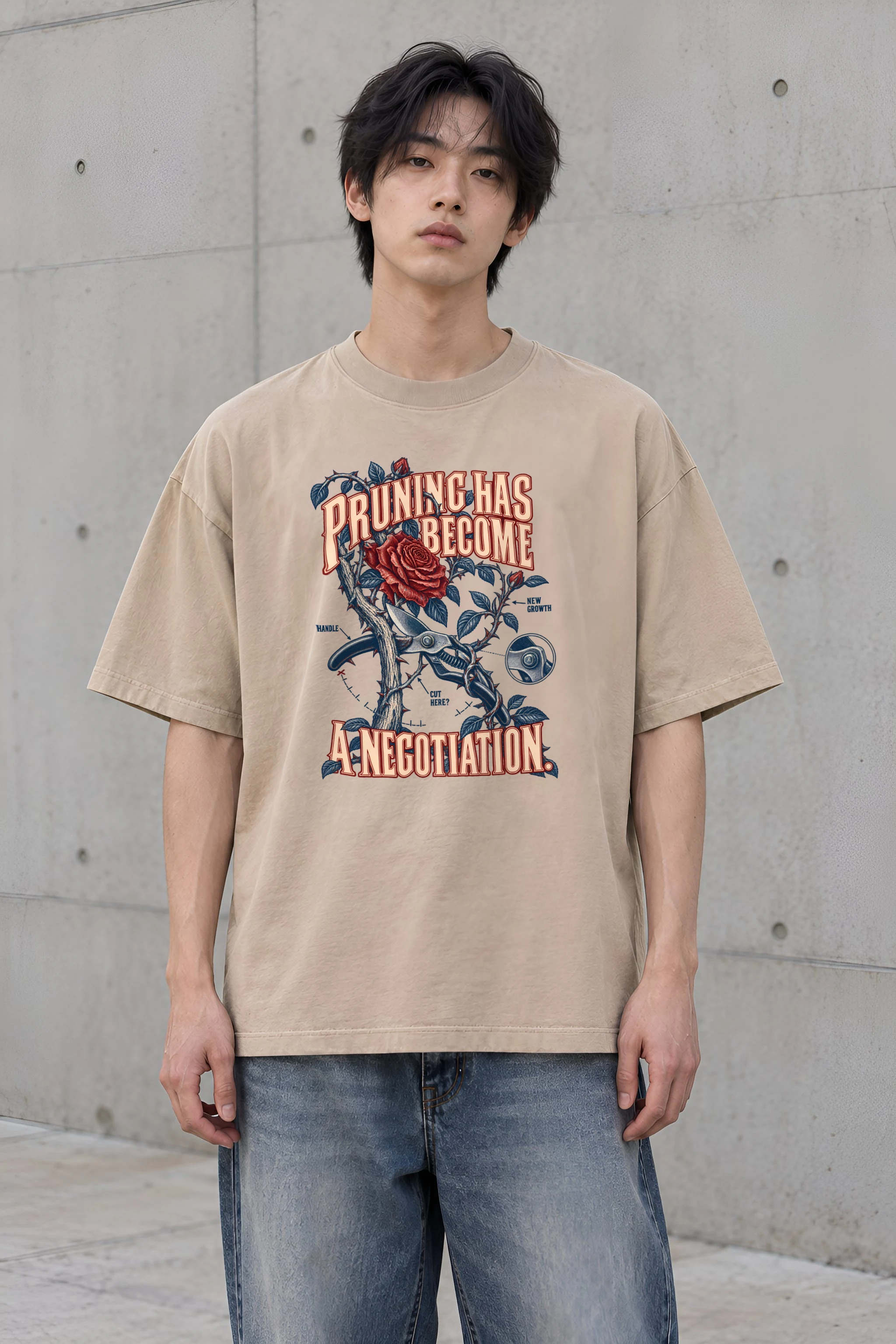 "Rose And Pruning Shears" Men's Oversized Heavyweight Crewneck T-Shirt