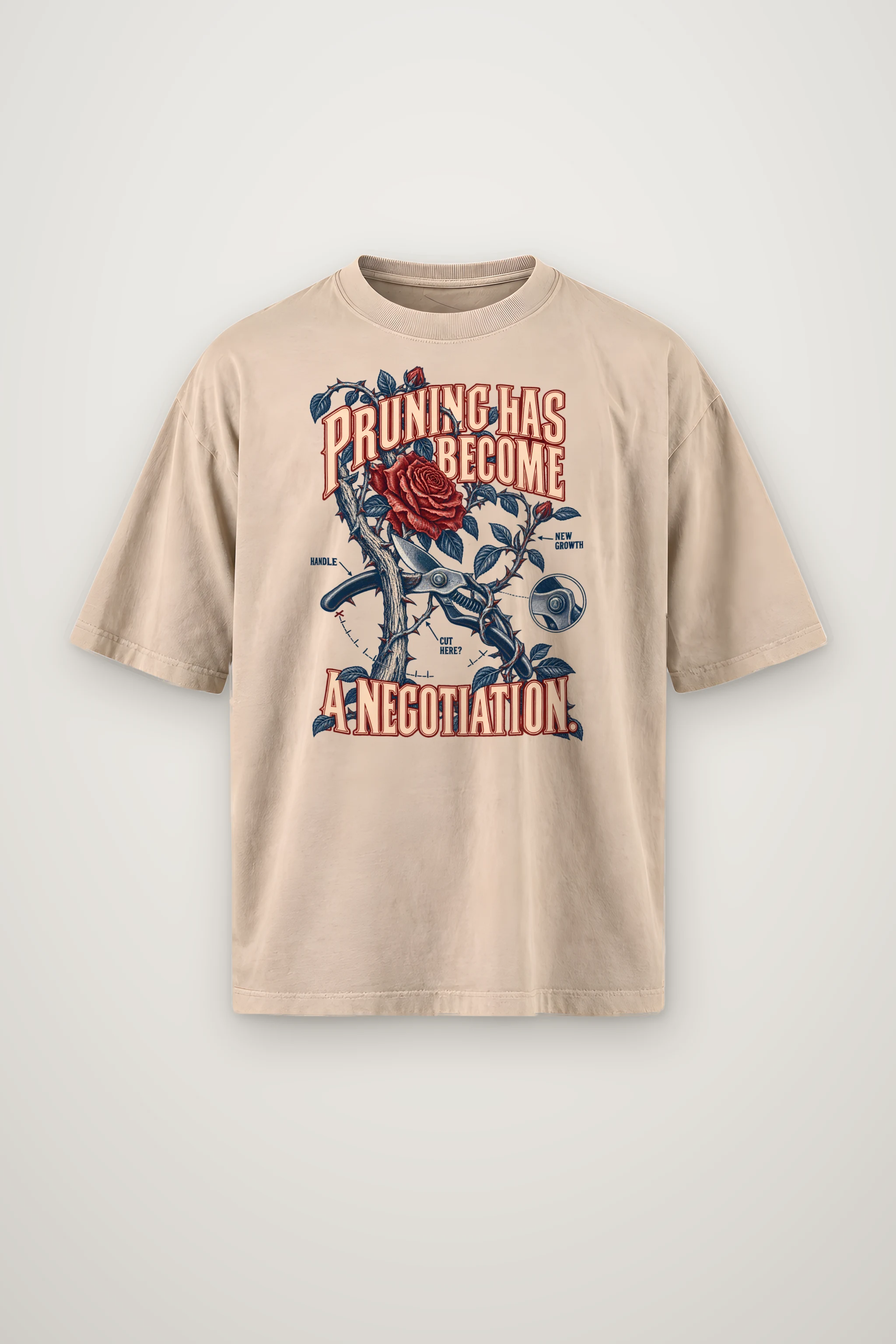 "Rose And Pruning Shears" Men's Oversized Heavyweight Crewneck T-Shirt