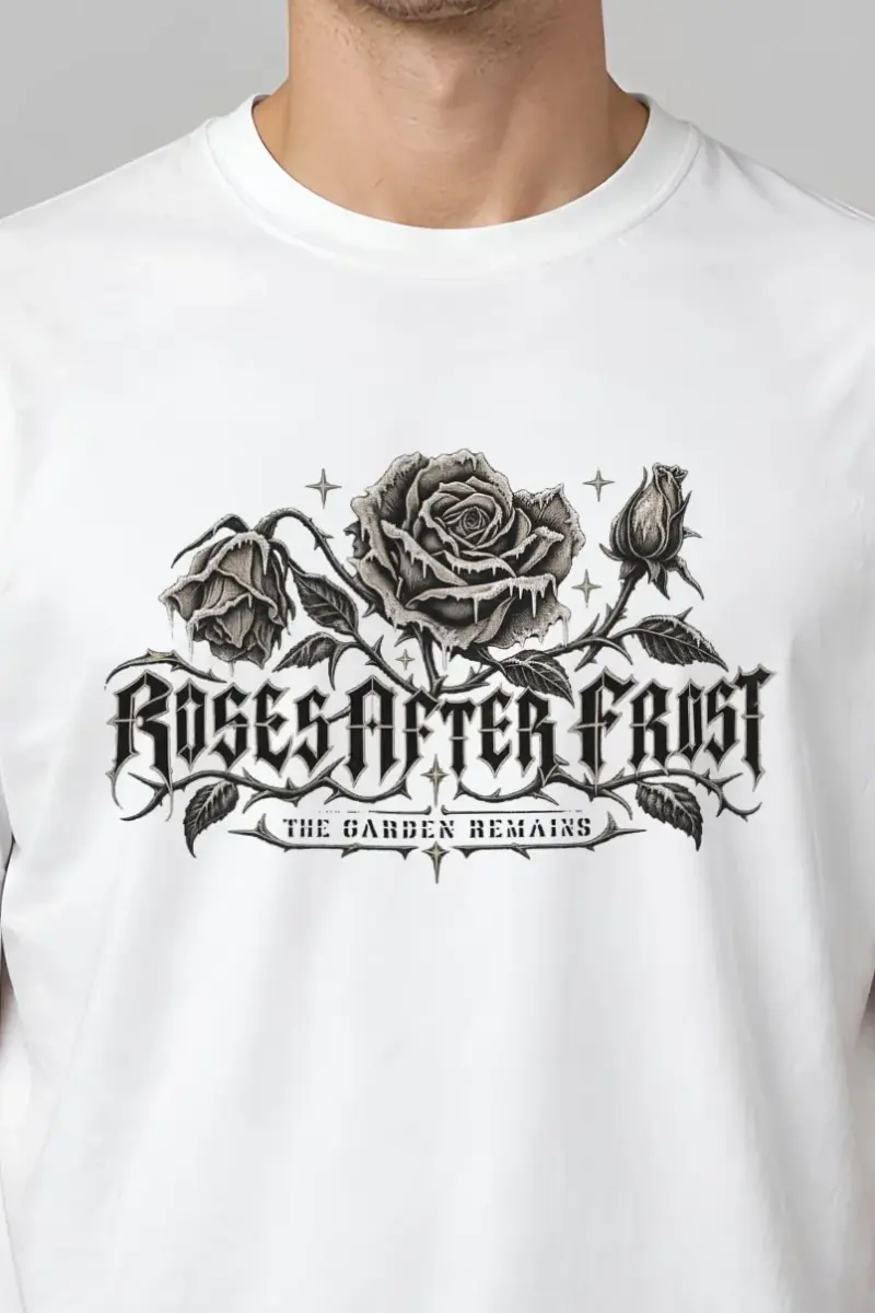 "Roses After Frost" Heavyweight Unisex Crewneck T-shirt - the graphic up close