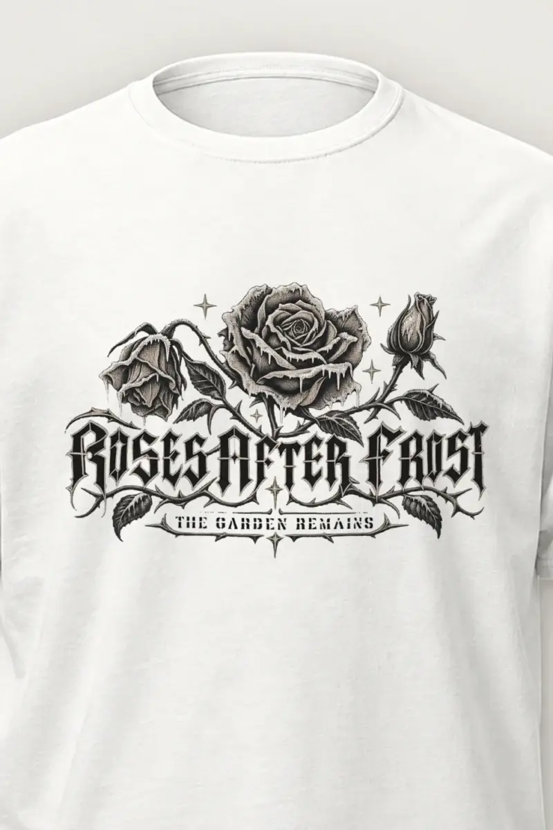 "Roses After Frost" Heavyweight Unisex Crewneck T-shirt - the graphic up close