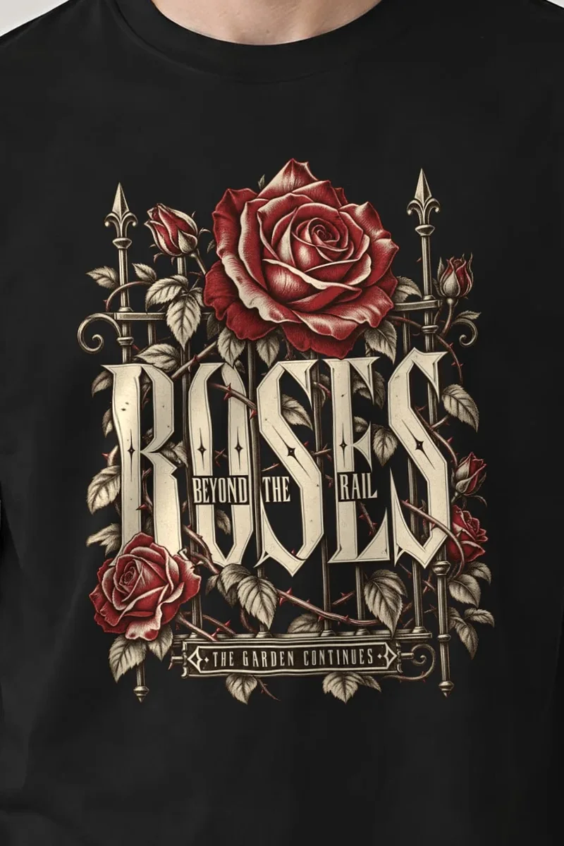"Roses Beyond the Rail" Heavyweight Unisex Crewneck T-shirt - the graphic up close