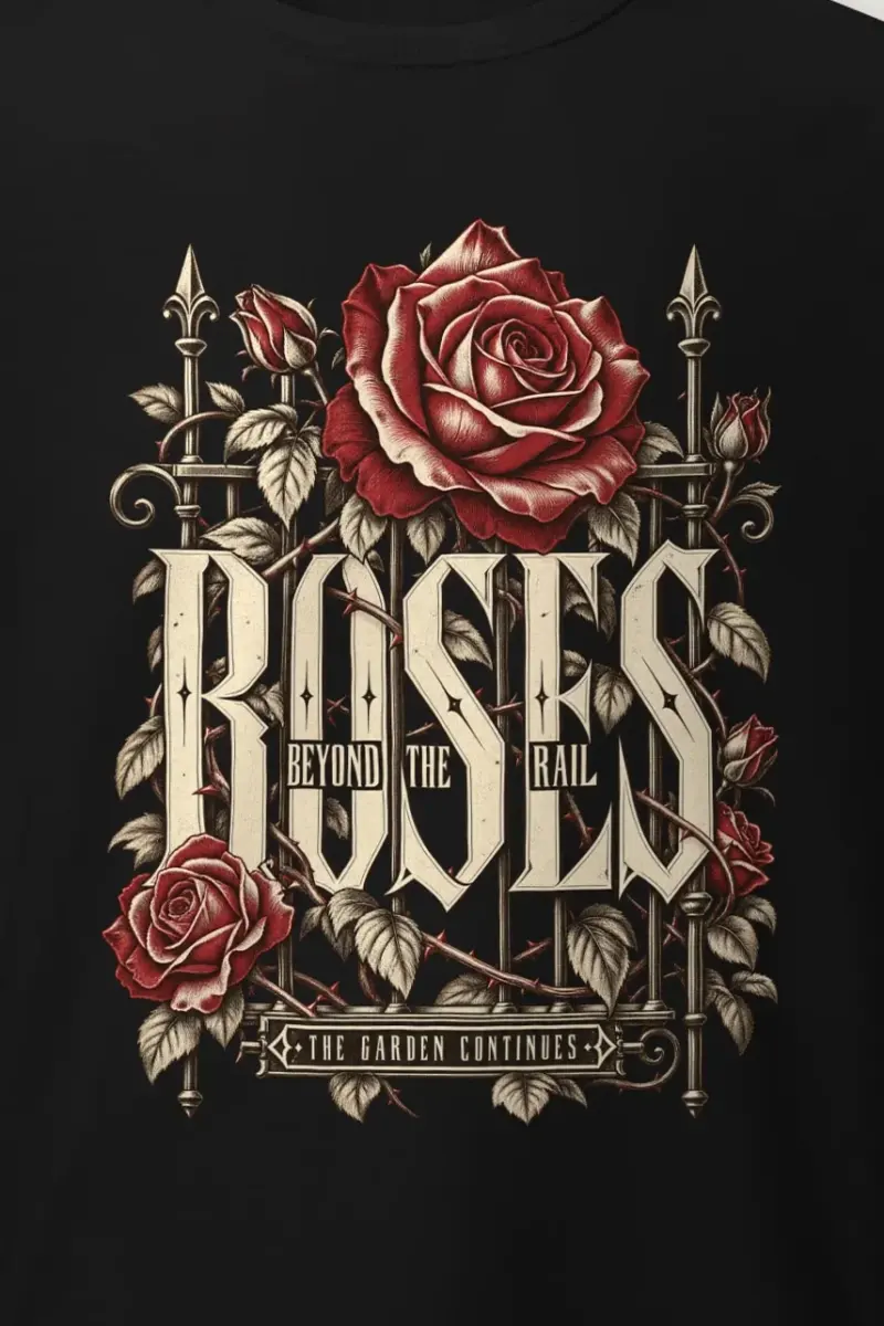 "Roses Beyond the Rail" Heavyweight Unisex Crewneck T-shirt - the graphic up close
