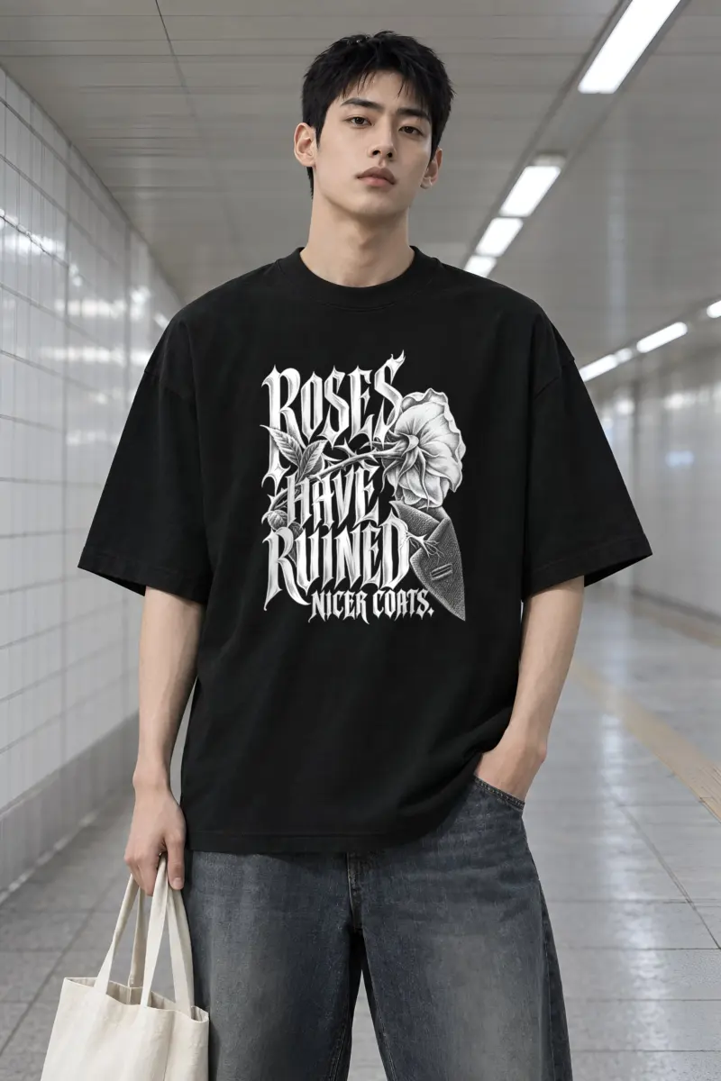 "Roses Have Ruined Nicer Coats" Men's Oversized Heavyweight Crewneck T-Shirt