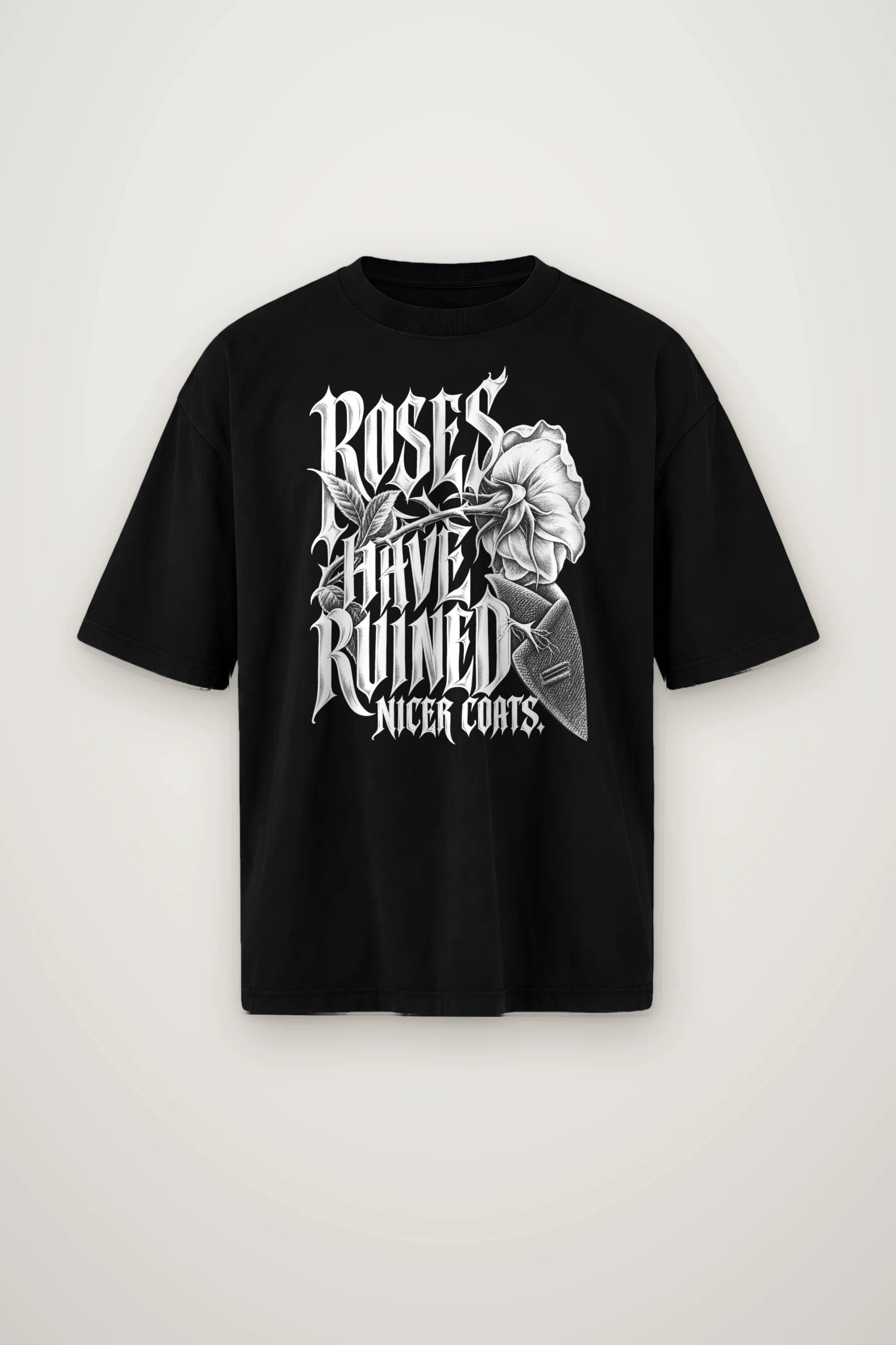 "Roses Have Ruined Nicer Coats" Men's Oversized Heavyweight Crewneck T-Shirt
