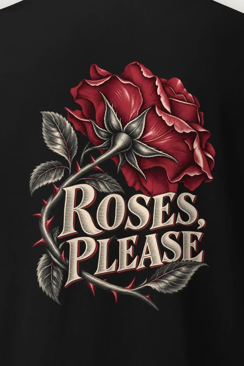 "Roses, Please" Heavyweight Unisex Crewneck T-shirt - the graphic up close