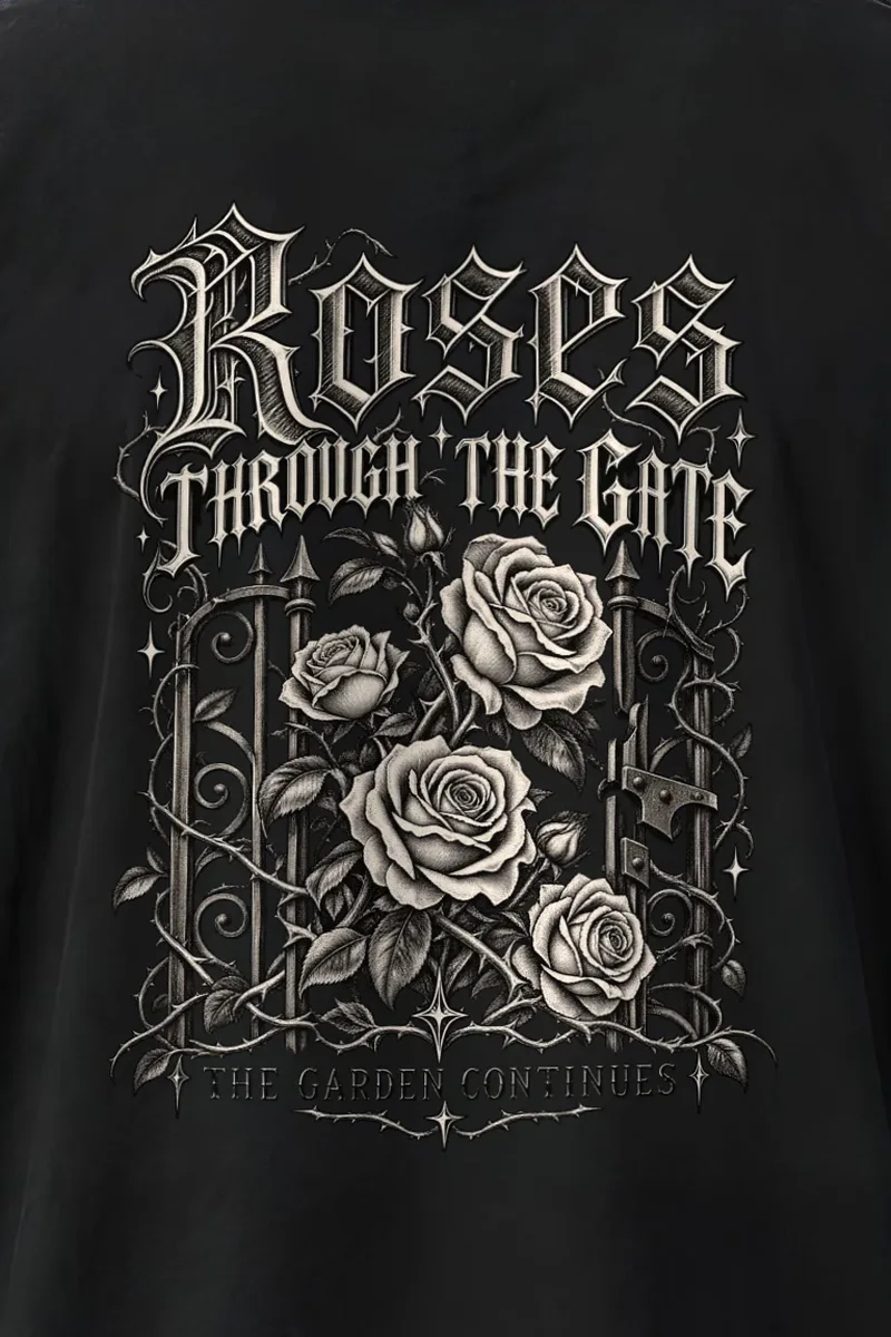 "Roses Through the Gate" Men’s Oversized Heavyweight Crewneck T-Shirt - the graphic up close
