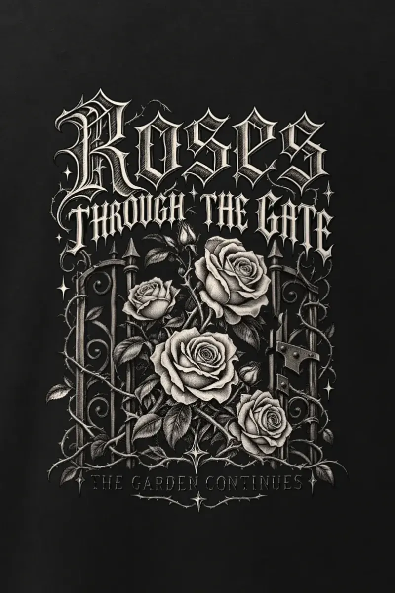 "Roses Through the Gate" Men’s Oversized Heavyweight Crewneck T-Shirt - the graphic up close