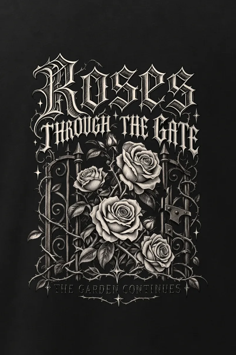 "Roses Through the Gate" Men’s Oversized Heavyweight Crewneck T-Shirt - the graphic up close