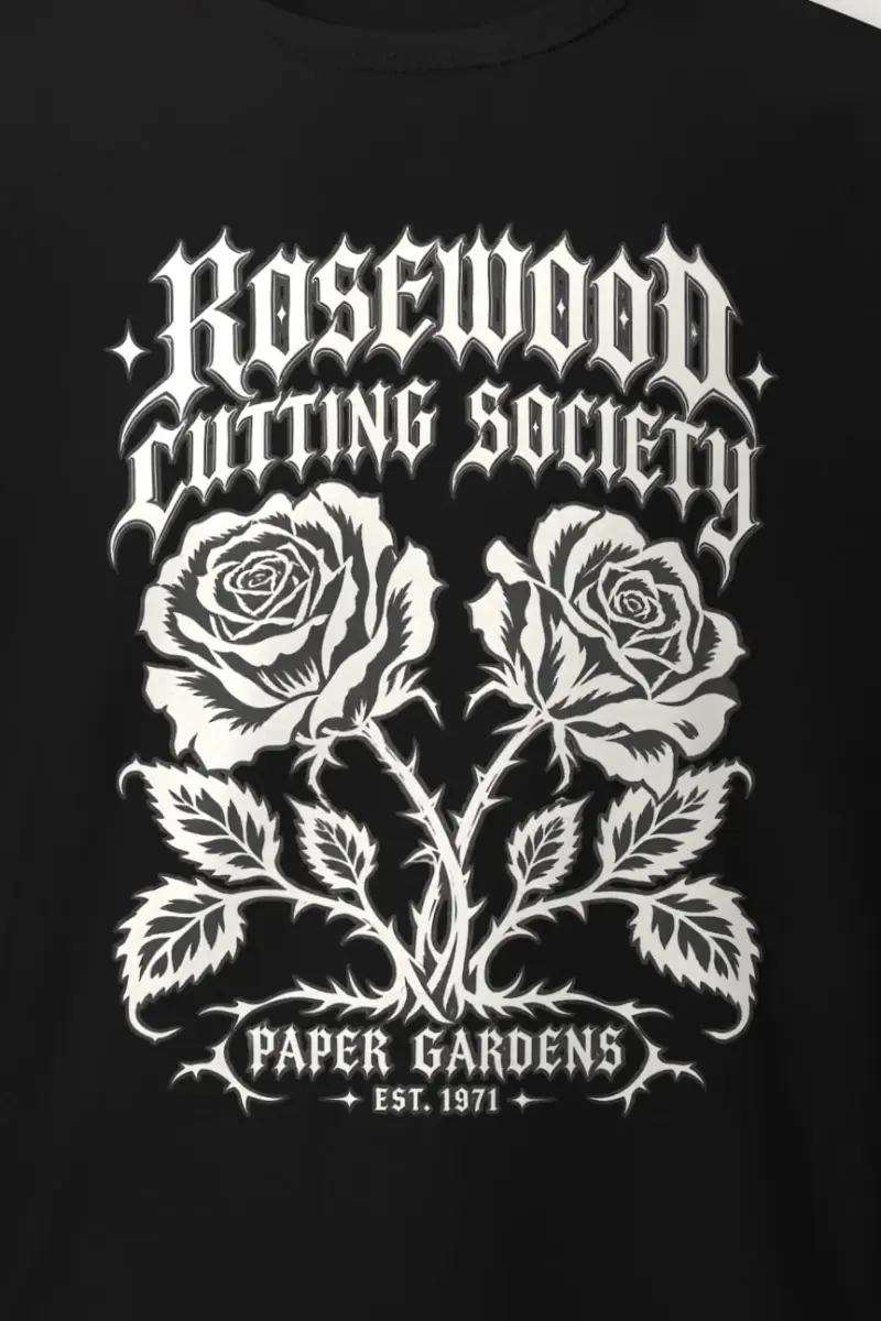 "Rosewood Cutting Society" Heavyweight Unisex Crewneck T-shirt - the graphic up close