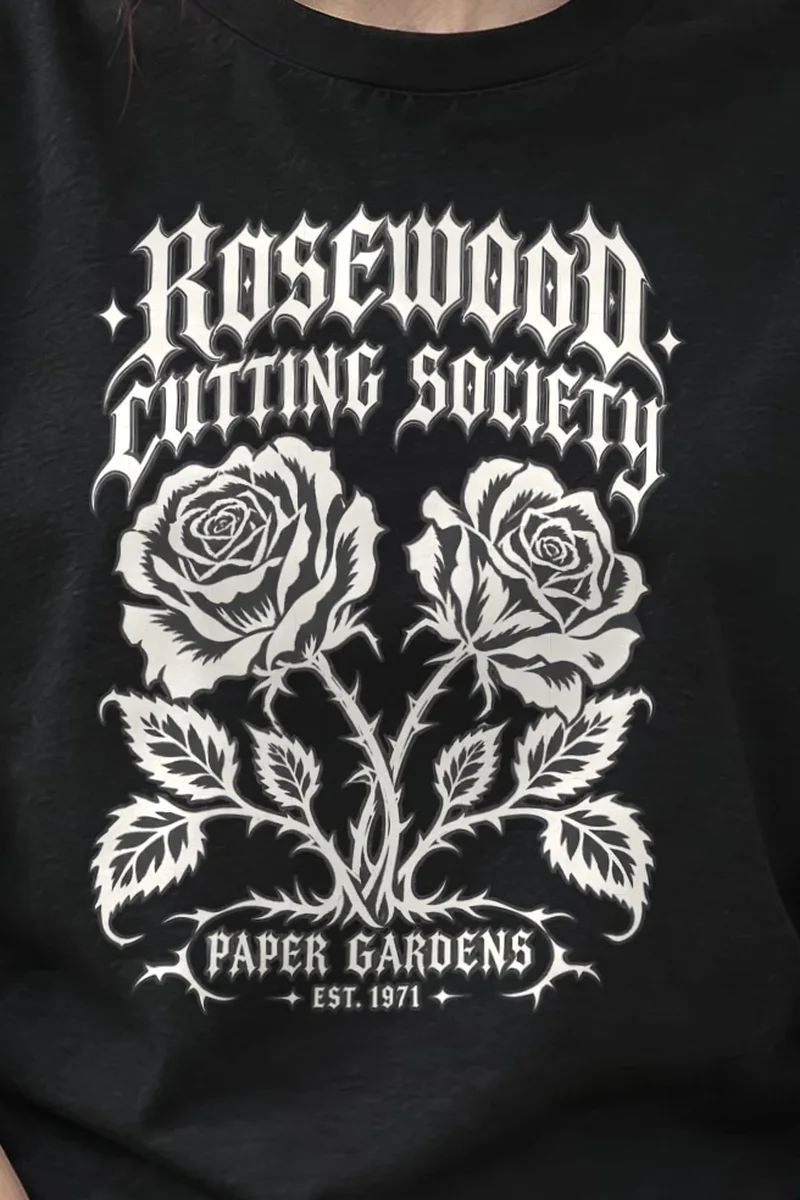 "Rosewood Cutting Society" Heavyweight Unisex Crewneck T-shirt - the graphic up close